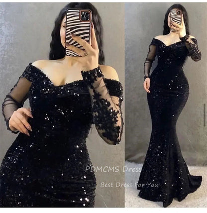 Sequin Mermaid Evening Dresses Backless Prom Dress Long Sleeves Plus Party