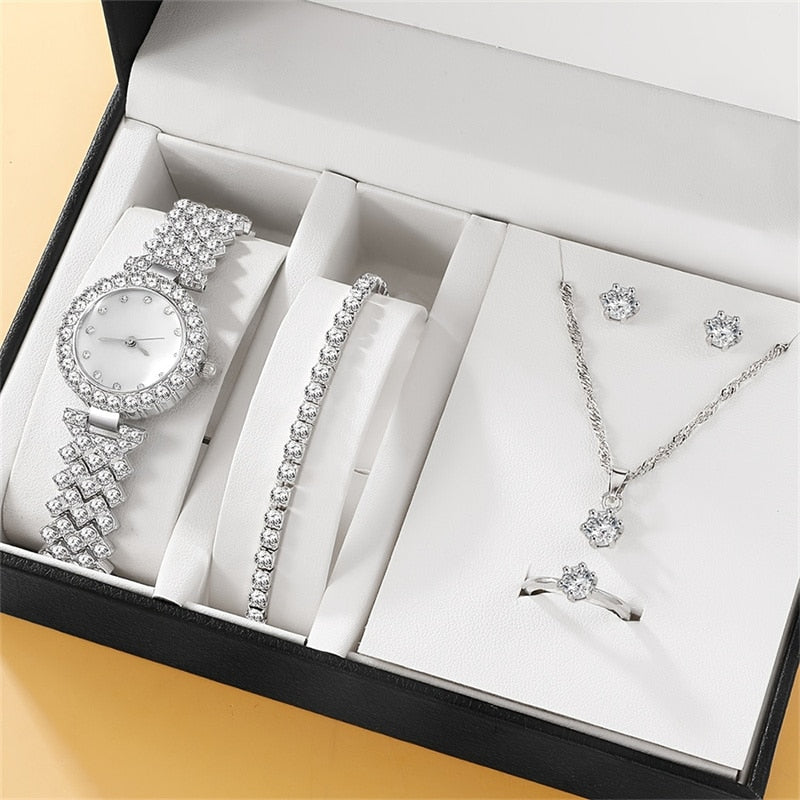 6PCS Set Luxury Watch Women Ring Necklace Earring Rhinestone Fashion Wristwatch