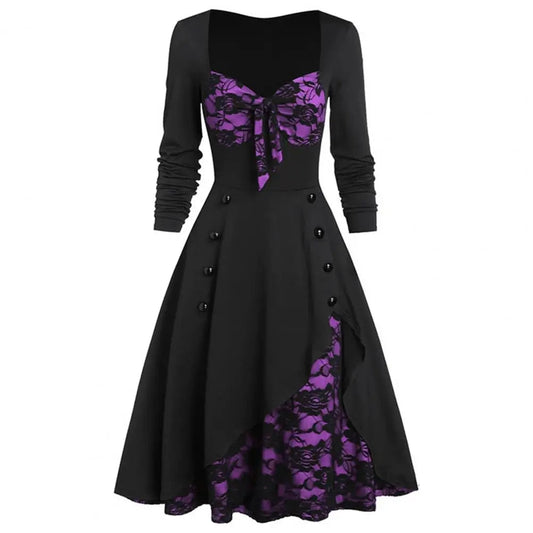 Women Lace Dresses Stitching Plus Size Long Sleeve Classical Retro Style Winter