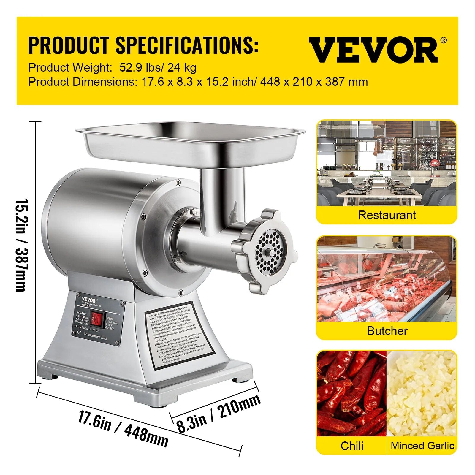 VEVOR 122 Kg/H 250 KG/H Electric Meat Mincer Chopper Heavy Duty Food Processors image 4