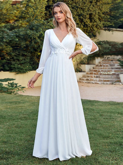MisShow Simple Wedding Dresses For Women 2024 Elegant V-Neck Chiffon White Long image 5