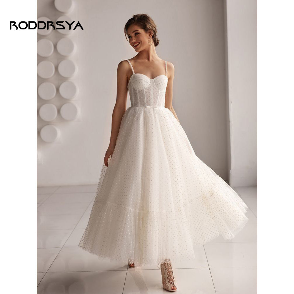 RODDRSYA Short Wedding Dress 2023 A Line Sweetheart Spaghetti Straps Dot Tulle image 2