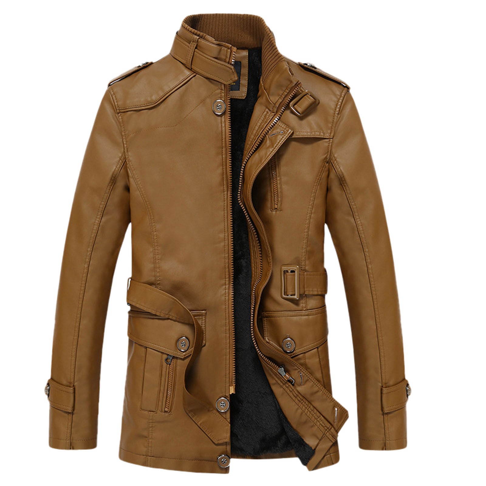 Men Outdoor Sport Motorcycle Leather Jacket Solid Color Zipper Stand Collar W