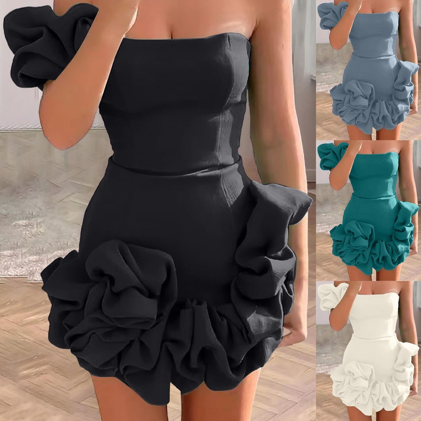 Women 3D Flower Cocktail Dress One Shoulder Party Evening Dresses For W