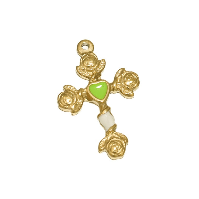 5pcs Stainless Steel Gold Color Plated Enamel Flower Cross Charms Findings Wome image 4