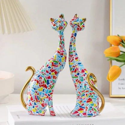 Colorful Cat Statue Oil Painting Cat Couple Sculptures Set Modern Resin Statue image 4