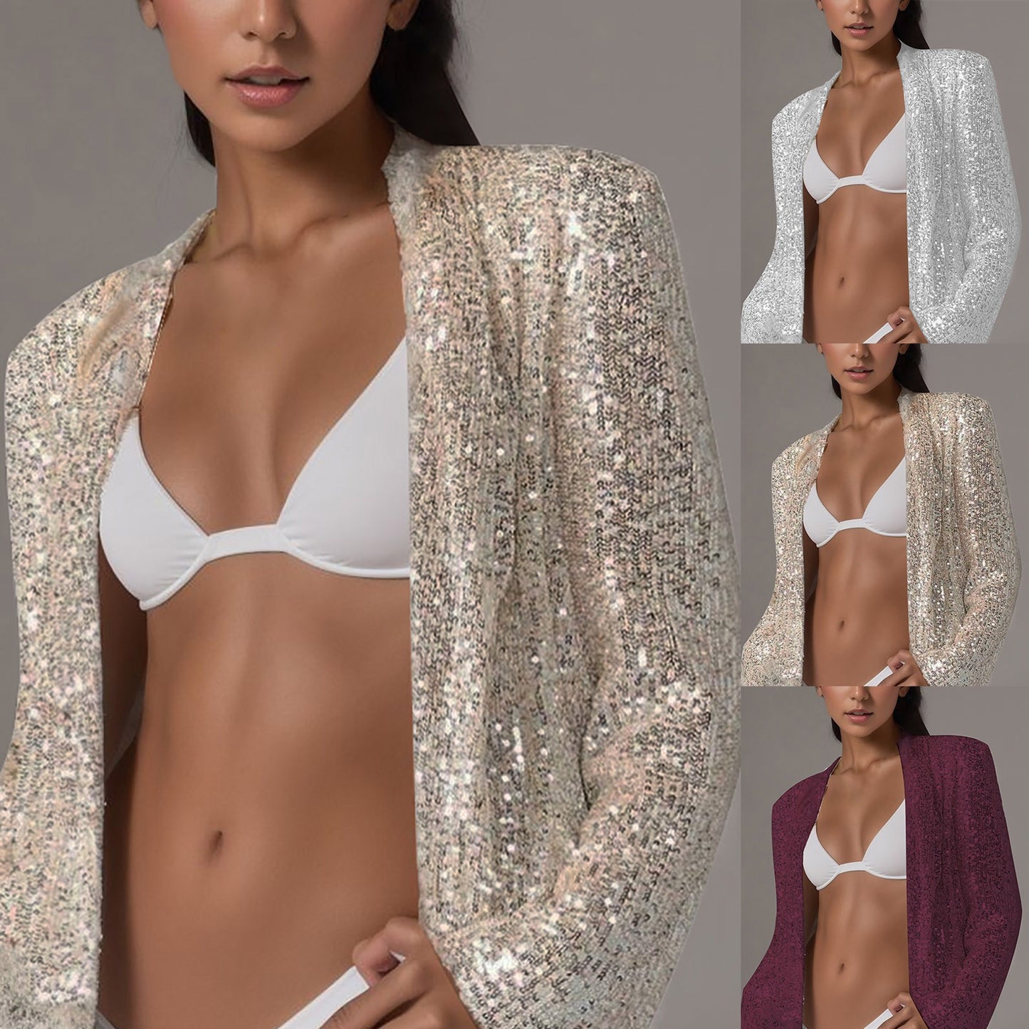 Women's Sequin Blazer Silver Glitter Long Sleeve Suit Jacket for Women Autumn F image 2