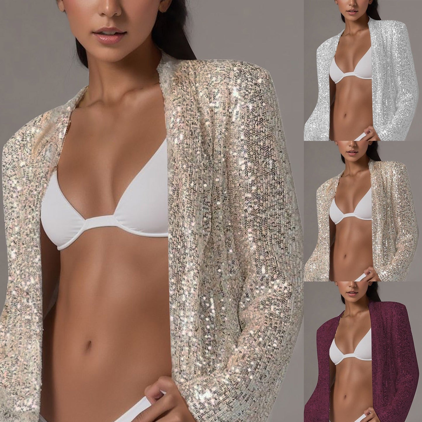 Women Sequin Blazer Silver Glitter Long Sleeve Suit Jacket for Women Autumn F