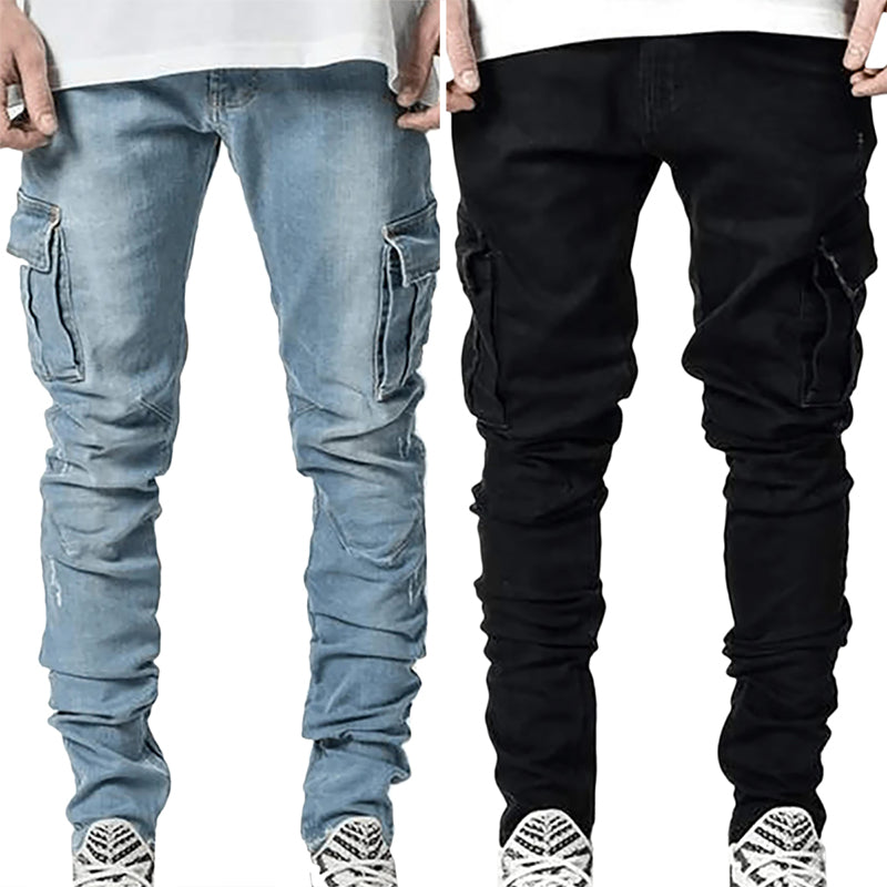 Men Fahsion Elastic Slim Fit Jeans Men Cargo Denim Pants Solid Color Multi Po