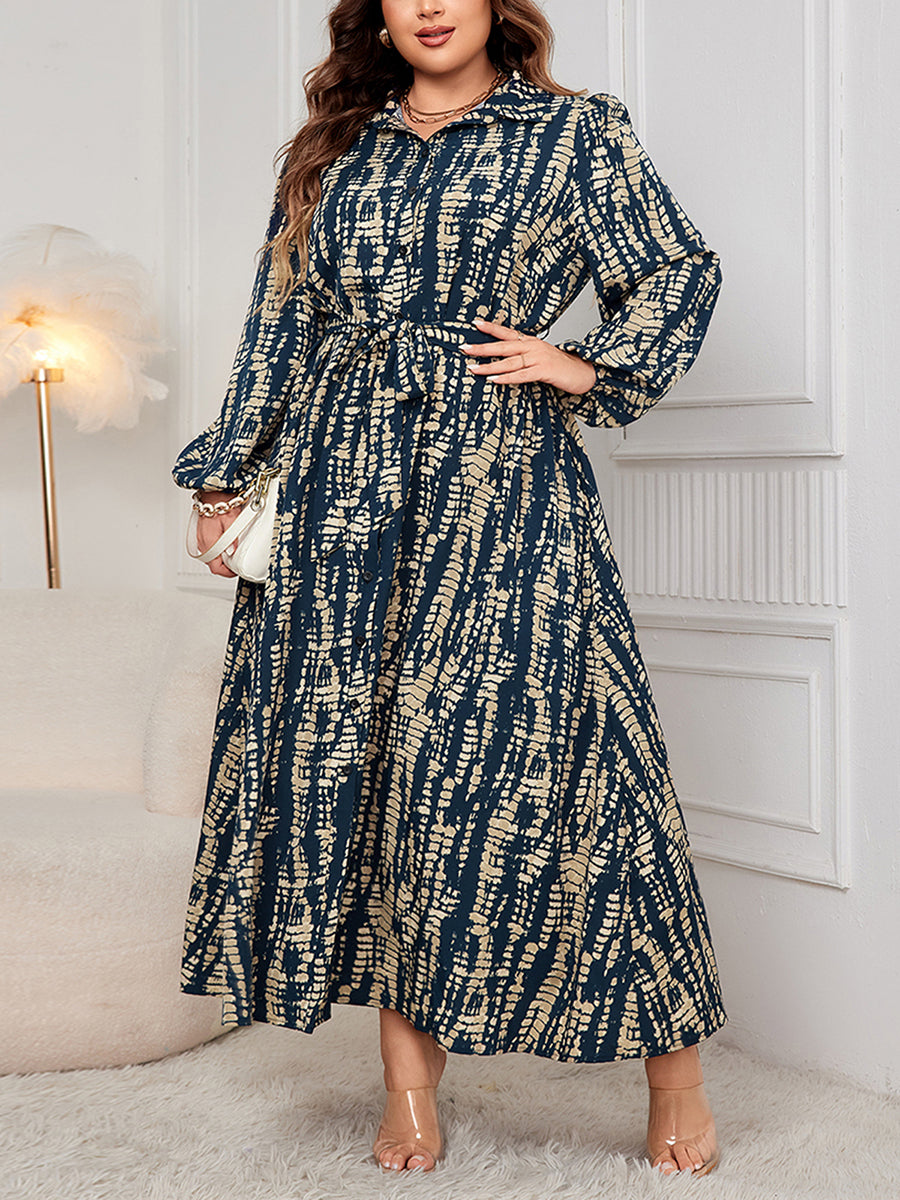 Women s Plus Size Floral Print V-Neck Long Sleeve Maxi Dress with Belt and Pock image 1