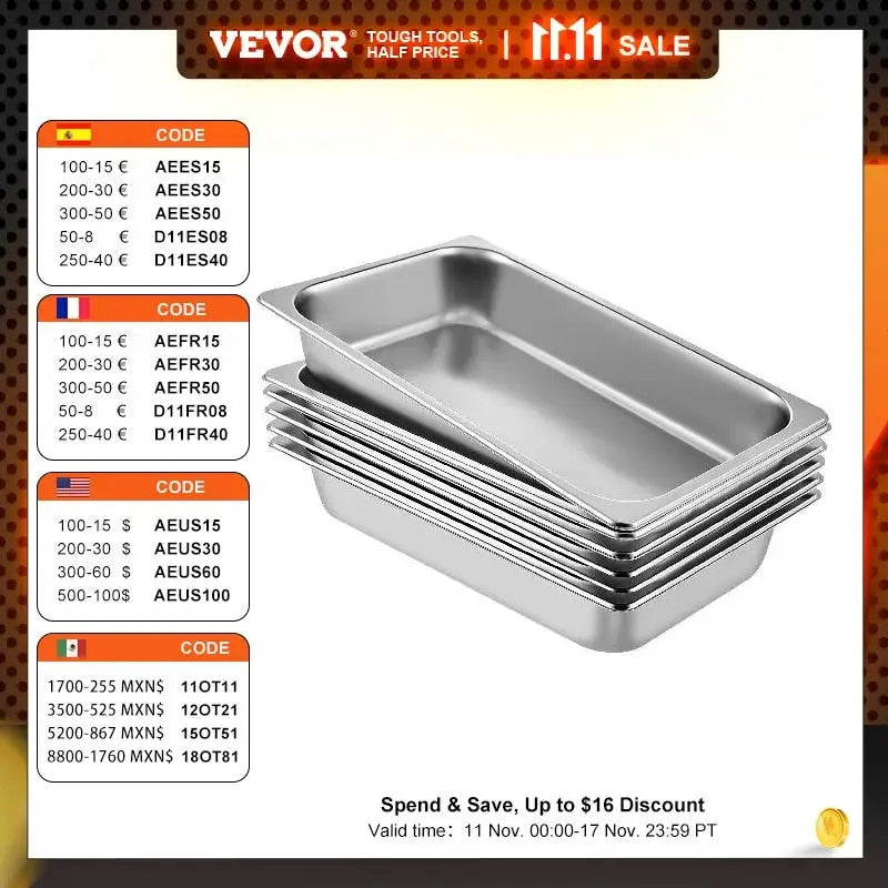 VEVOR Buffet ChaFolding Dishes 8.5L-20.5L Gastronorm Pans Steam Table Pans Tray St