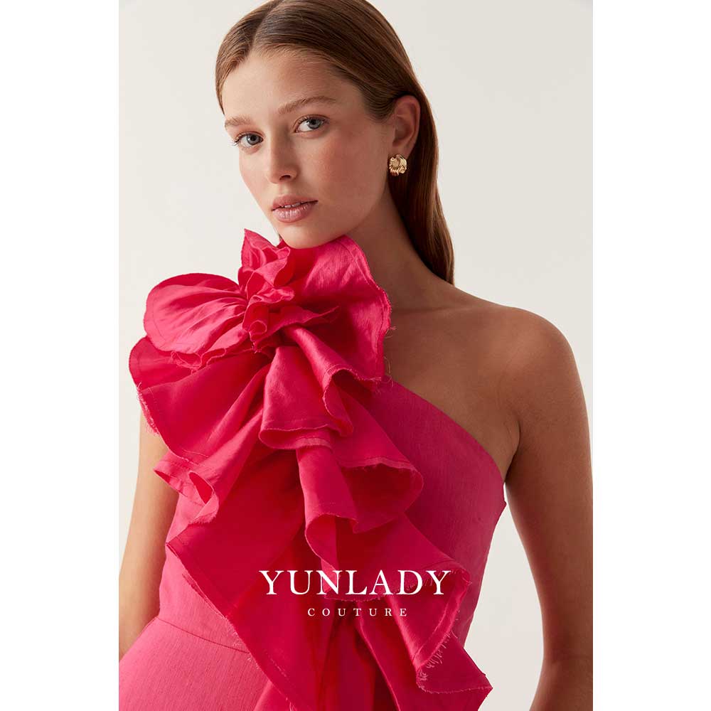 YUNLAN Gorgeous Dubai Pink One Shoulder Sleeve Midi Ball Dress 2024 Women Weddi image 1