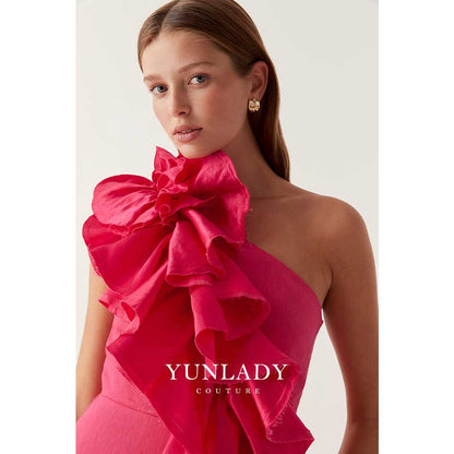 YUNLAN Gorgeous Dubai Pink One Shoulder Sleeve Midi Ball Dress 2024 Women Weddi image 1