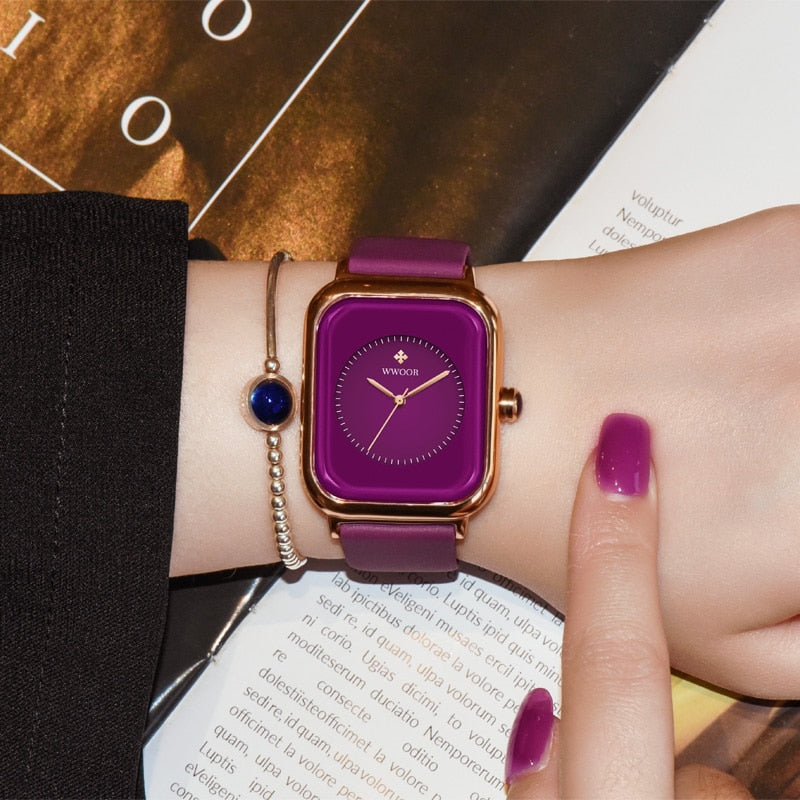 WWOOR Luxury Brand Watches For Women Fashion Square Purple Ladies Quartz Wristw image 6