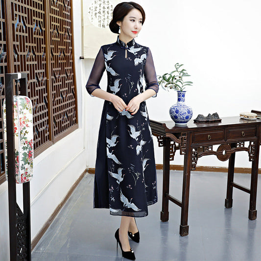 Plus Size  Ao Dai Cheongsam dress China Improved Qipao Women Long Two-Piece Set