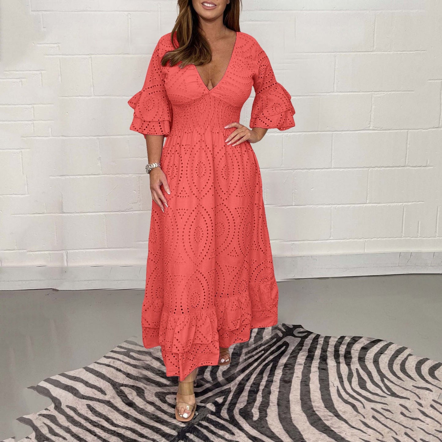 Women V-neck White Hollow Out Party Long Dress Summer 2024 New Casual