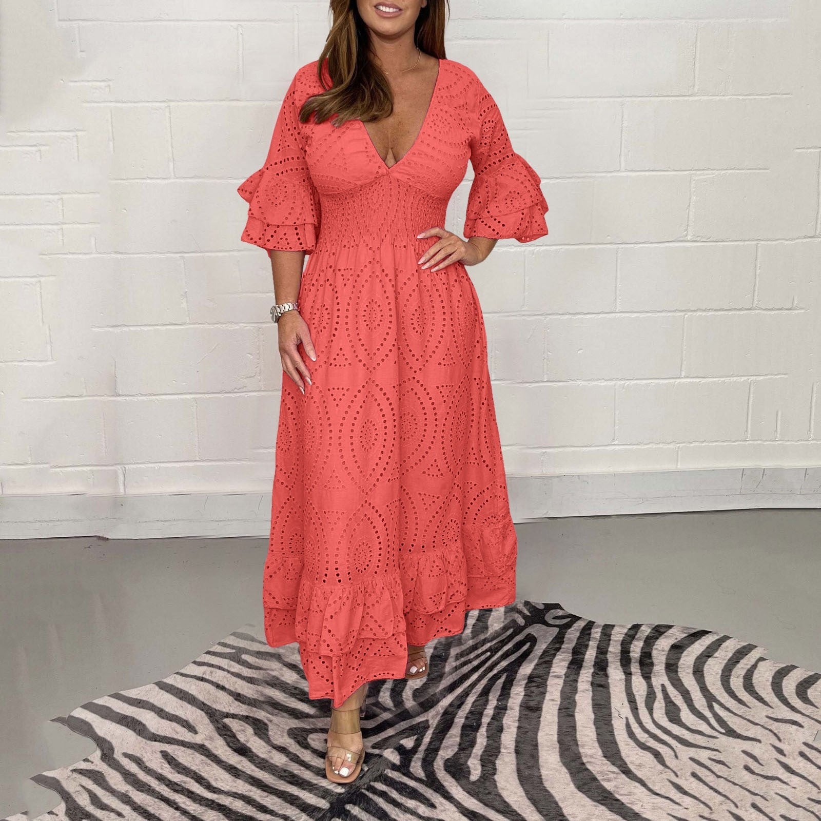 Women  V-neck White Hollow Out Party Long Dress Summer 2024 New Casual