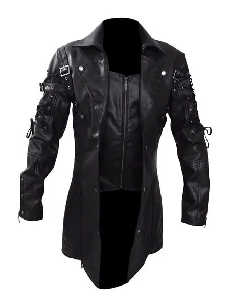 New Steampunk Men's Gothic Trench Coat Leather Jacket Punk Style Biker Jacke Au image 2