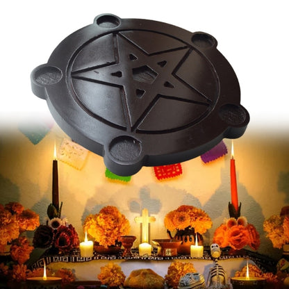 Astrology Star Wood Candlestick Table Pentacle Altar Plate Triquetra Wooden Div image 0