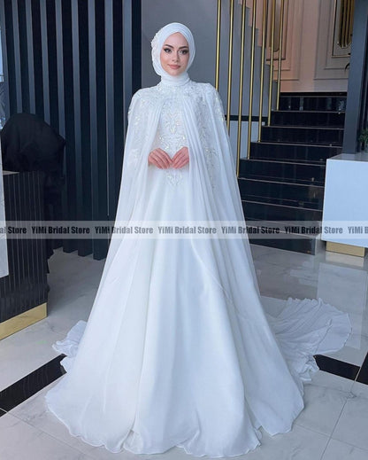 Elegant Muslim Wedding Dresses with Cape High Neck Long Sleeves Sweep Train Chi image 3
