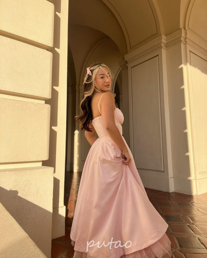PuTao Pink A Line Satin Lace Long Prom Dresses Ankle Length Formal Graduation E image 3