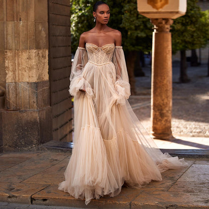 Champagne Boho Wedding Dresses Puff Sleeve Bone Corset Beading Sweetheart Bride image 1