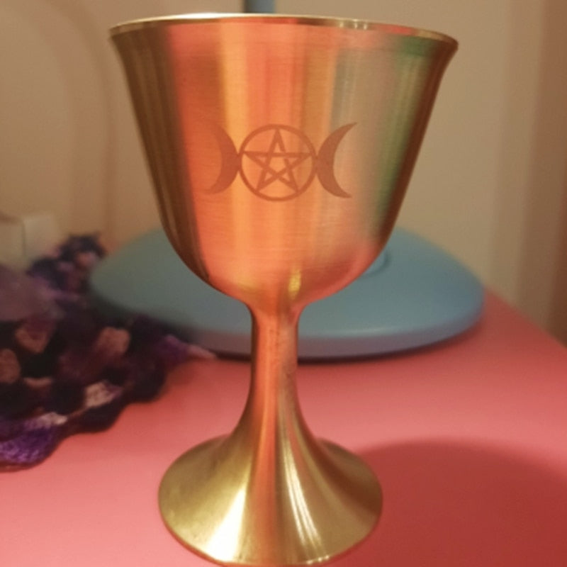 Ritual Cup Altar Goblet Wicca Gold Plating Brass Ceremony Moon Divination Astro image 4