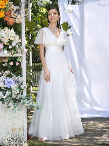 MisShow Simple Split Sleeve Wedding Dress Romantic Ivory Chiffon Long Wedding G image 2