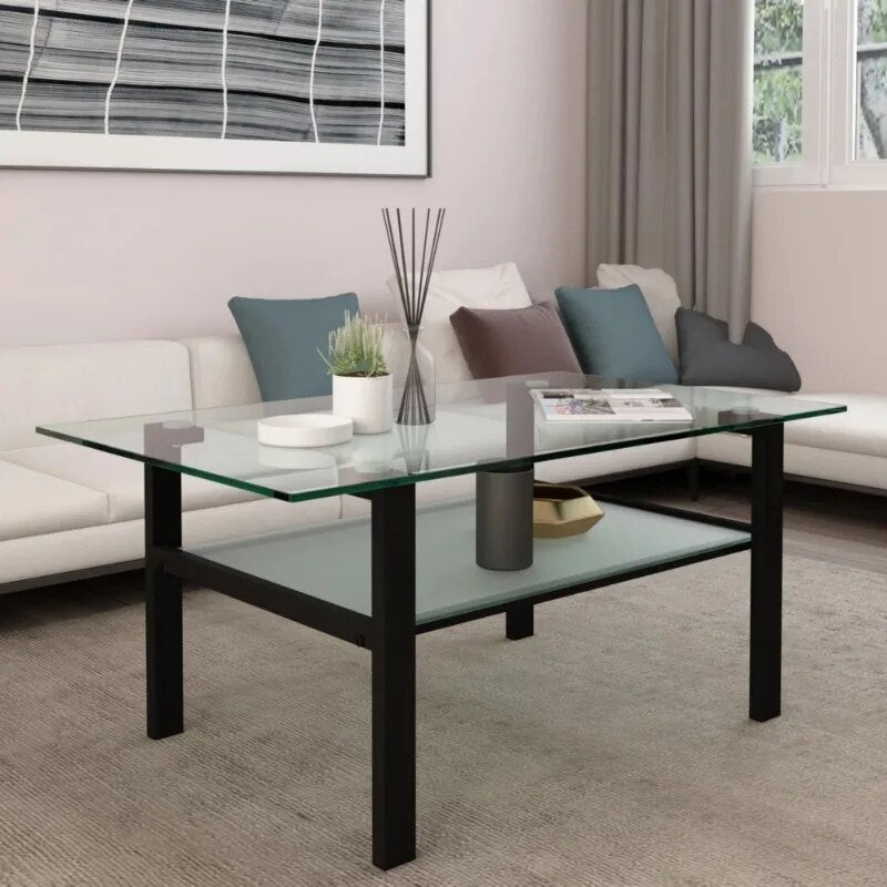 Rectangle Tempered Glass Coffee Table Metal Tube Legs End Table for Living Room image 6
