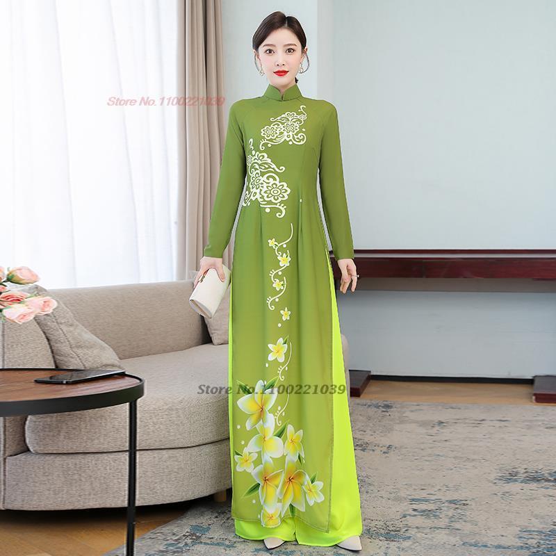 2024 vietnamese aodai dress Women traditional flower print vintage elegant qipa
