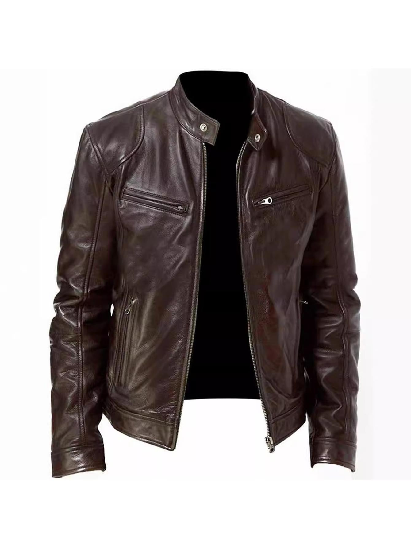 Men Fashion PU Leather Jacket Classic Zip-Up Faux Leather Coat