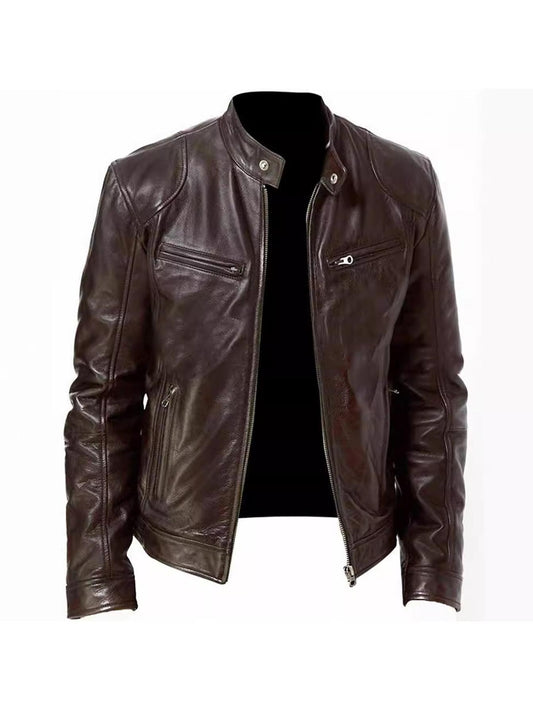 Men Fashion PU Leather Jacket Classic Zip-Up Faux Leather Coat