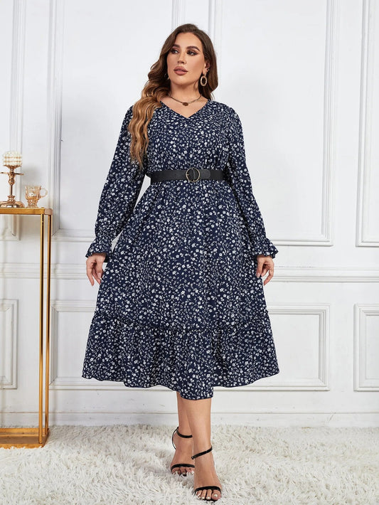 Plus Size Floral Print Dress - V-Neck Long Sleeve with Drawstring