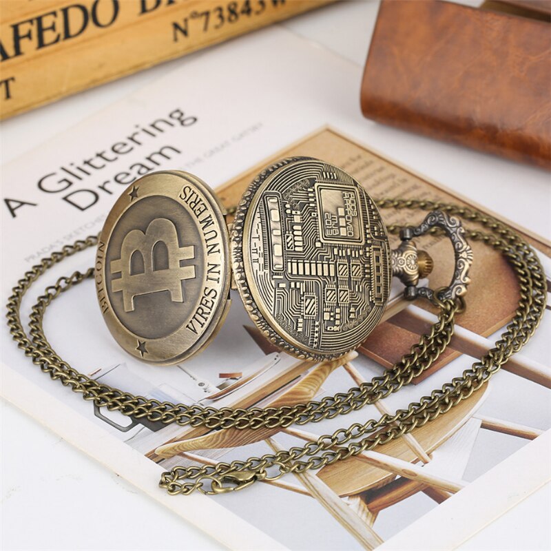 Antique Bronze Bitcoin Pattern Quartz Pocket Watch Exquisite Engraving Souvenir image 2