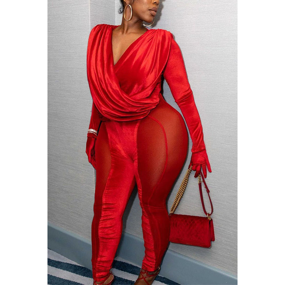Plus Size See Through Net Velvet  Jumpsuits (No Gloves) image 1