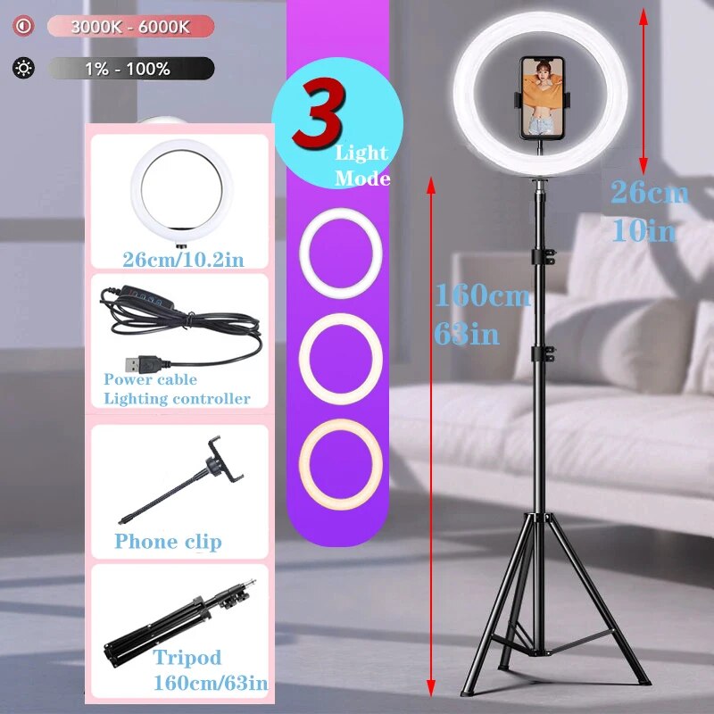 10" LED Selfie Ring Light  Circle Fill Light Dimmable Round Lamp Tripod Trepied