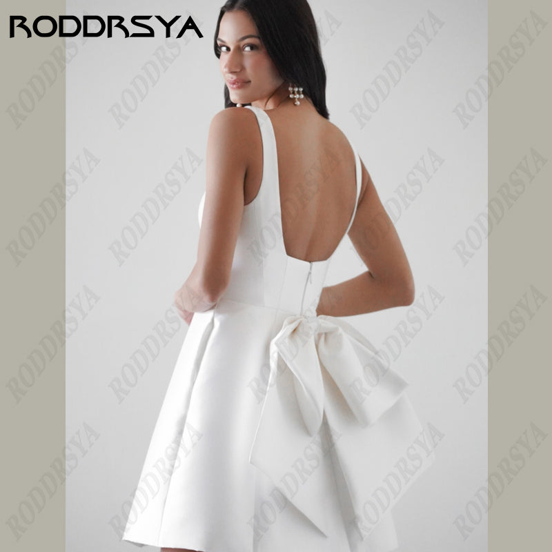RODDRSYA Short Mini Satin Wedding Dress Square Collar Removable Bow Robe De Mar image 9